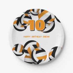 orange black volleyballs kids birthday party paper plate