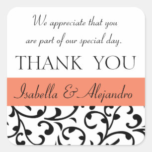 Orange, Black Wedding Favour Thank You Message Square Sticker