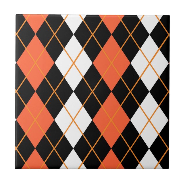 Orange Black White Argyle Diamond Design  Ceramic Tile (Front)