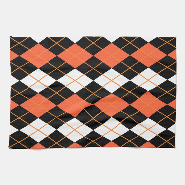 Orange Black White Argyle Diamond Design  Tea Towel (Horizontal)