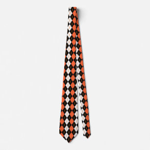 Orange Black White Argyle Diamond Design Tie