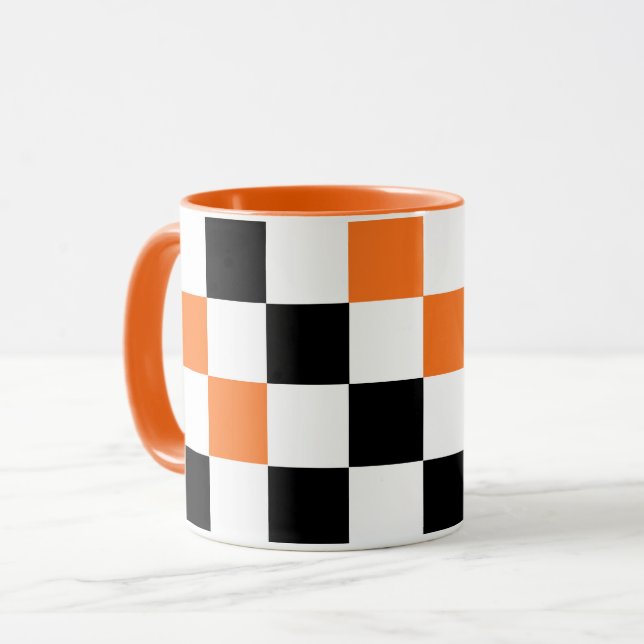 Orange Black White Checkered Pattern Design  Mug (Front Left)