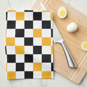 Orange Black White Checkered Pattern Design  Tea Towel