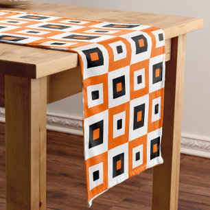 Orange Black White Checkered Squares Pattern Short Table Runner