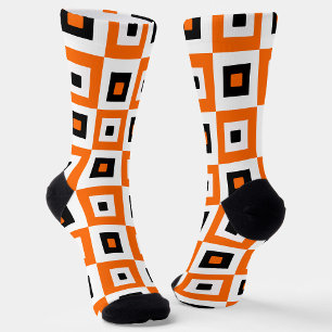Orange Black White Checkered Squares Pattern Socks