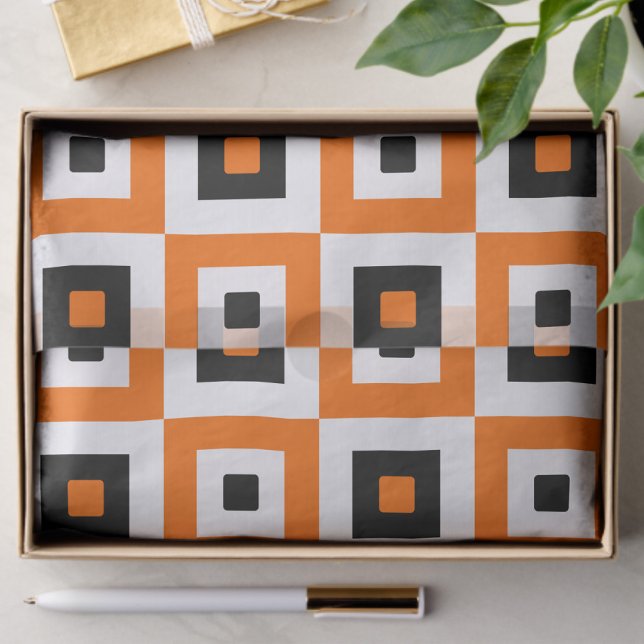 Orange Black White Checkered Squares Pattern Tissue Paper (Creator Uploaded)