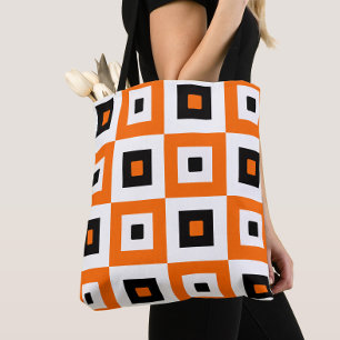Orange Black White Checkered Squares Pattern Tote Bag