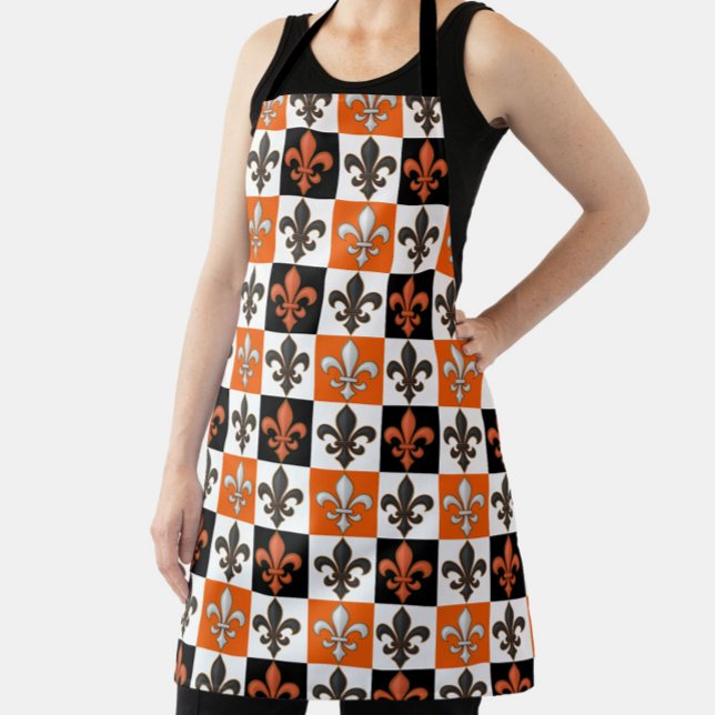 Orange Black White Chequered Fleur-de-lis Design  Apron (Creator Uploaded)