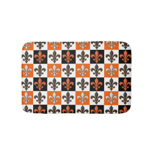 Orange Black White Chequered Fleur-de-lis Design Bath Mat