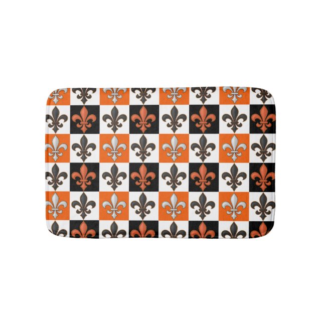 Orange Black White Chequered Fleur-de-lis Design  Bath Mat (Front)