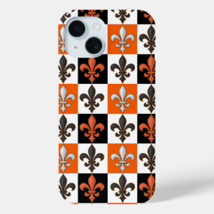 Orange Black White Chequered Fleur-de-lis Design iPhone 15 Case