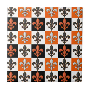 Orange Black White Chequered Fleur-de-lis Design  Ceramic Tile