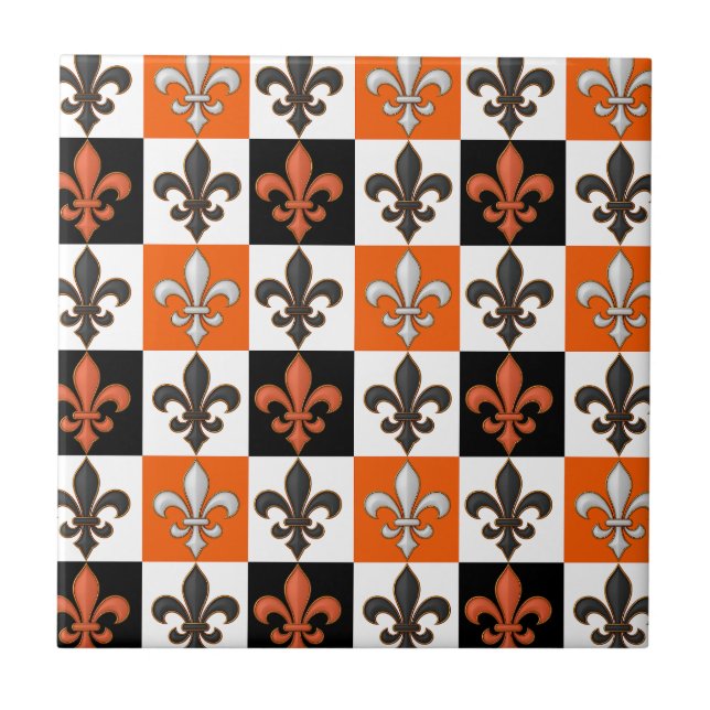 Orange Black White Chequered Fleur-de-lis Design  Ceramic Tile (Front)