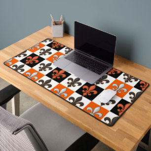 Orange Black White Chequered Fleur-de-lis Design Desk Mat