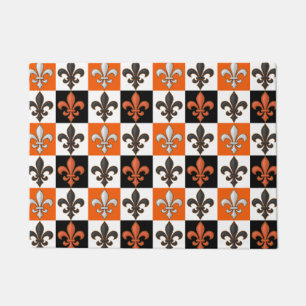 Orange Black White Chequered Fleur-de-lis Design Doormat