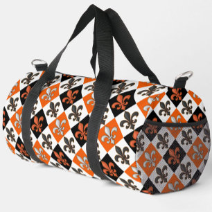 Orange Black White Chequered Fleur-de-lis Design Duffle Bag