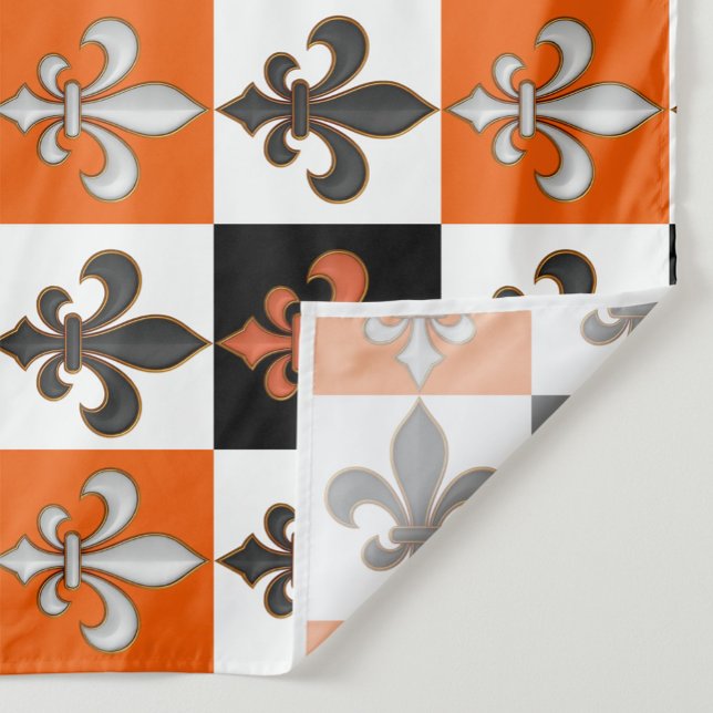 Orange Black White Chequered Fleur-de-lis Design  Fabric (Creator Uploaded)