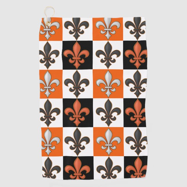 Orange Black White Chequered Fleur-de-lis Design  Golf Towel (Front)
