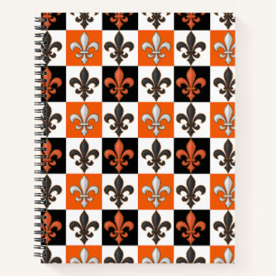 Orange Black White Chequered Fleur-de-lis Design Notebook