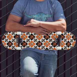 Orange Black White Chequered Fleur-de-lis Design  Skateboard