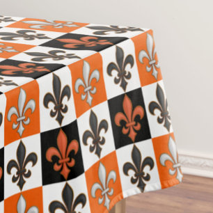 Orange Black White Chequered Fleur-de-lis Design  Tablecloth