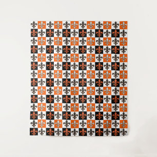 Orange Black White Chequered Fleur-de-lis Design  Tapestry