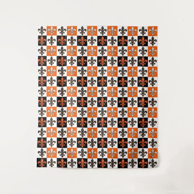Orange Black White Chequered Fleur-de-lis Design  Tapestry (Front)