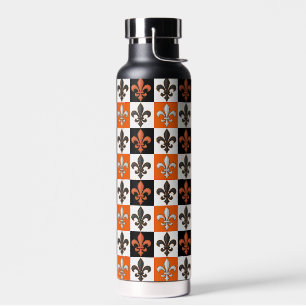 Orange Black White Chequered Fleur-de-lis Design Water Bottle
