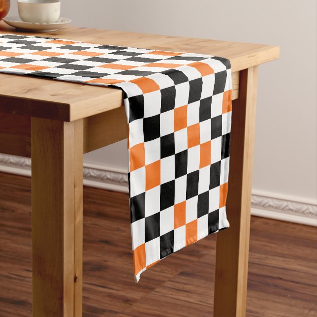 Orange Black White Chequered Pattern Design  Short Table Runner (In Situ)