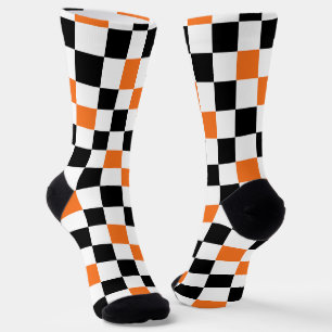 Orange Black White Chequered Pattern Design Socks