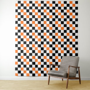 Orange Black White Chequered Pattern Design Tapestry
