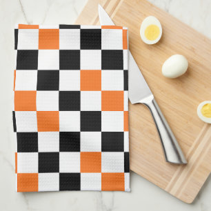 Orange Black White Chequered Pattern Design Tea Towel