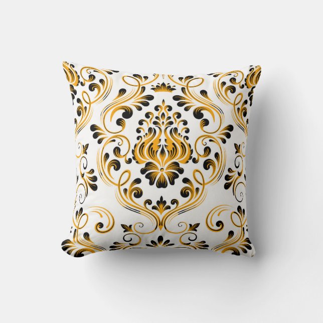 Orange Black White Damask Floral Pattern Elegant  Cushion (Front)