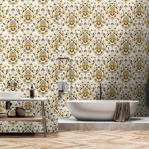 Orange Black White Damask Floral peel and stick Wallpaper