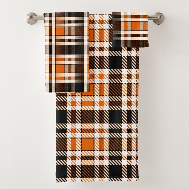Orange Black White Flannel Tartan Pattern Design  Bath Towel Set (Creator Uploaded)