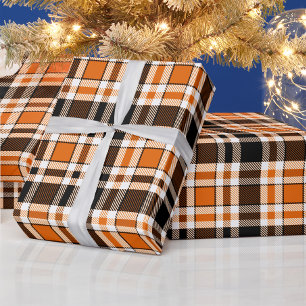 Orange Black White Flannel Tartan Pattern Design  Wrapping Paper