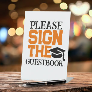 Orange, Black & White Guestbook Graduation Table Pedestal Sign