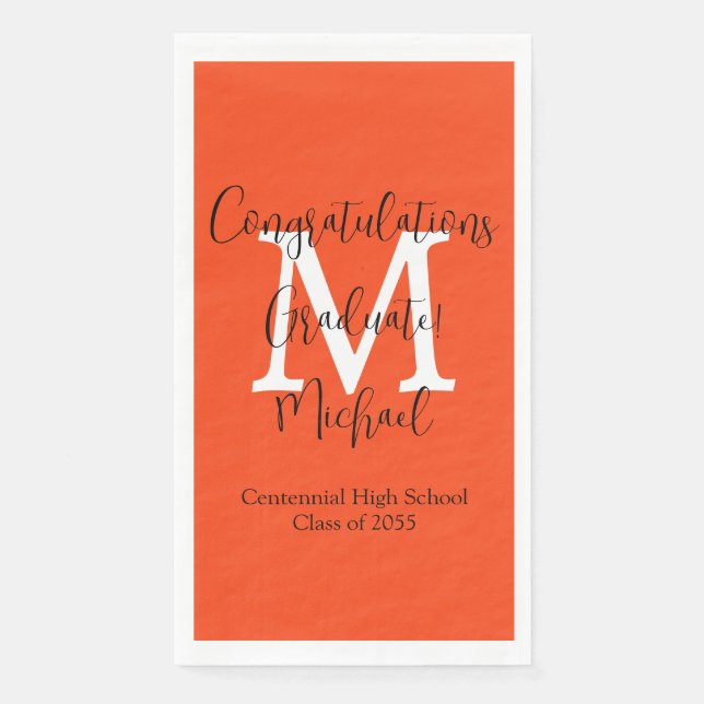 Orange Black White Monogram Graduation Graduate Napkin (Front)