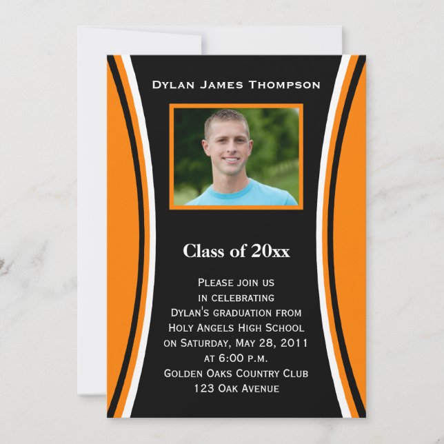 Orange, Black, White Photo Graduation Invitation (Front)