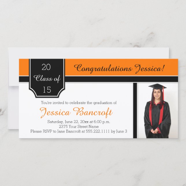 Orange Black White Photo Graduation Invitation (Front)