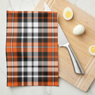 Orange Black White Plaid Tartan Pattern Design  Tea Towel