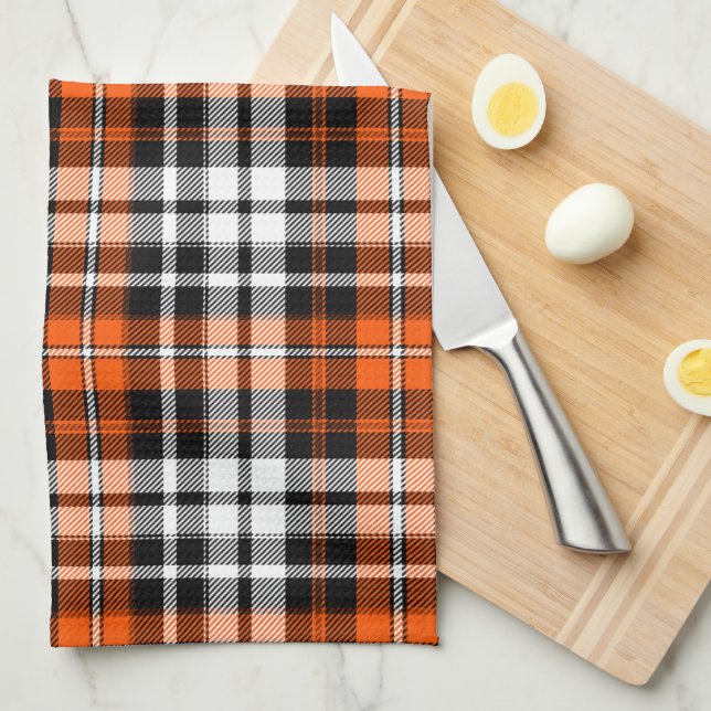 Orange Black White Plaid Tartan Pattern Design  Tea Towel (Quarter Fold)