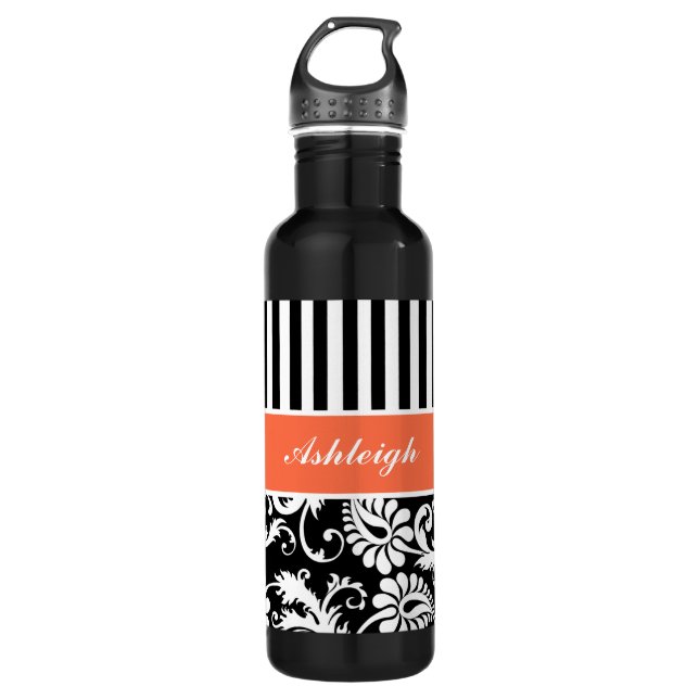Orange, Black, White Striped Damask 710 Ml Water Bottle (Front)
