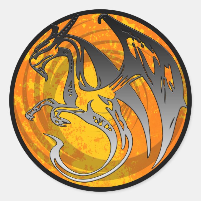 Orange black wing grunge dragon round stickers (Front)