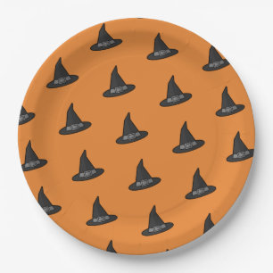 Orange Black Witch Hat Pattern Halloween Party Paper Plate