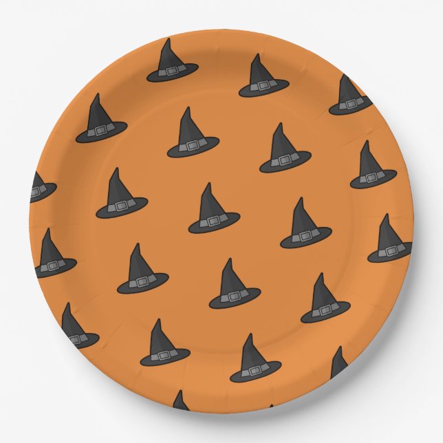 Orange Black Witch Hat Pattern Halloween Party Paper Plate (Front)