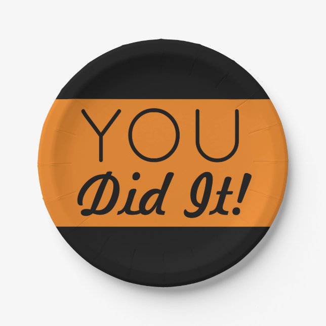 Orange & Black You Did It Graduation Paper Plate (Front)