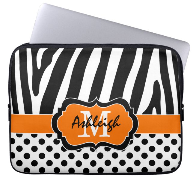 Orange Black Zebra Stripes Polka Dots Laptop Case (Front)