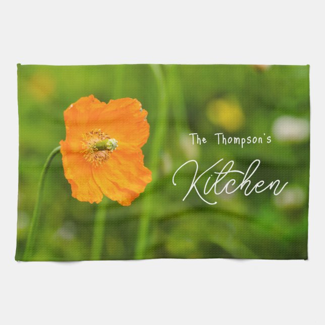 Orange Blooming Poppy Flower On Green Custom Name Tea Towel (Horizontal)