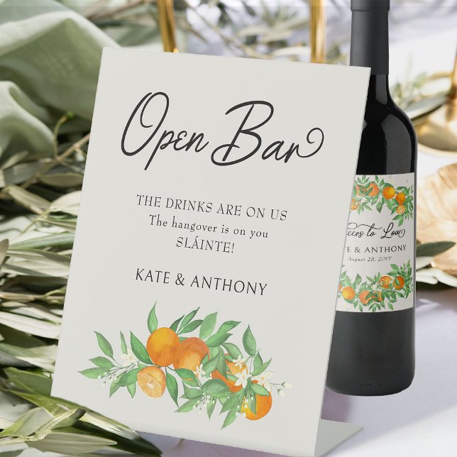 Orange Blossom Citrus Wedding Open Bar Pedestal Sign (Open Bar Sign from the Orange Blossom Wedding Collection by Darling & May)